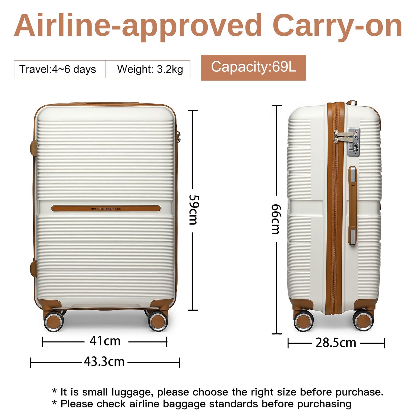 British Traveller Mittelgroßer Koffer 66 cm, Hartschale Beige mit TSA