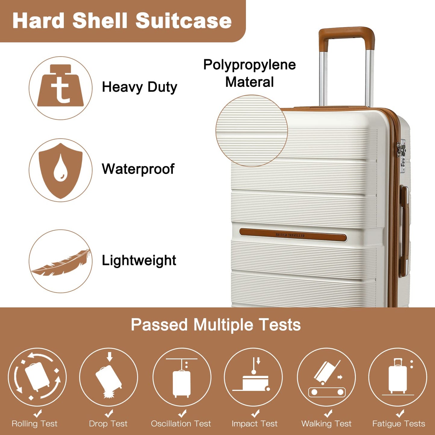 British Traveller Mittelgroßer Koffer 66 cm, Hartschale Beige mit TSA